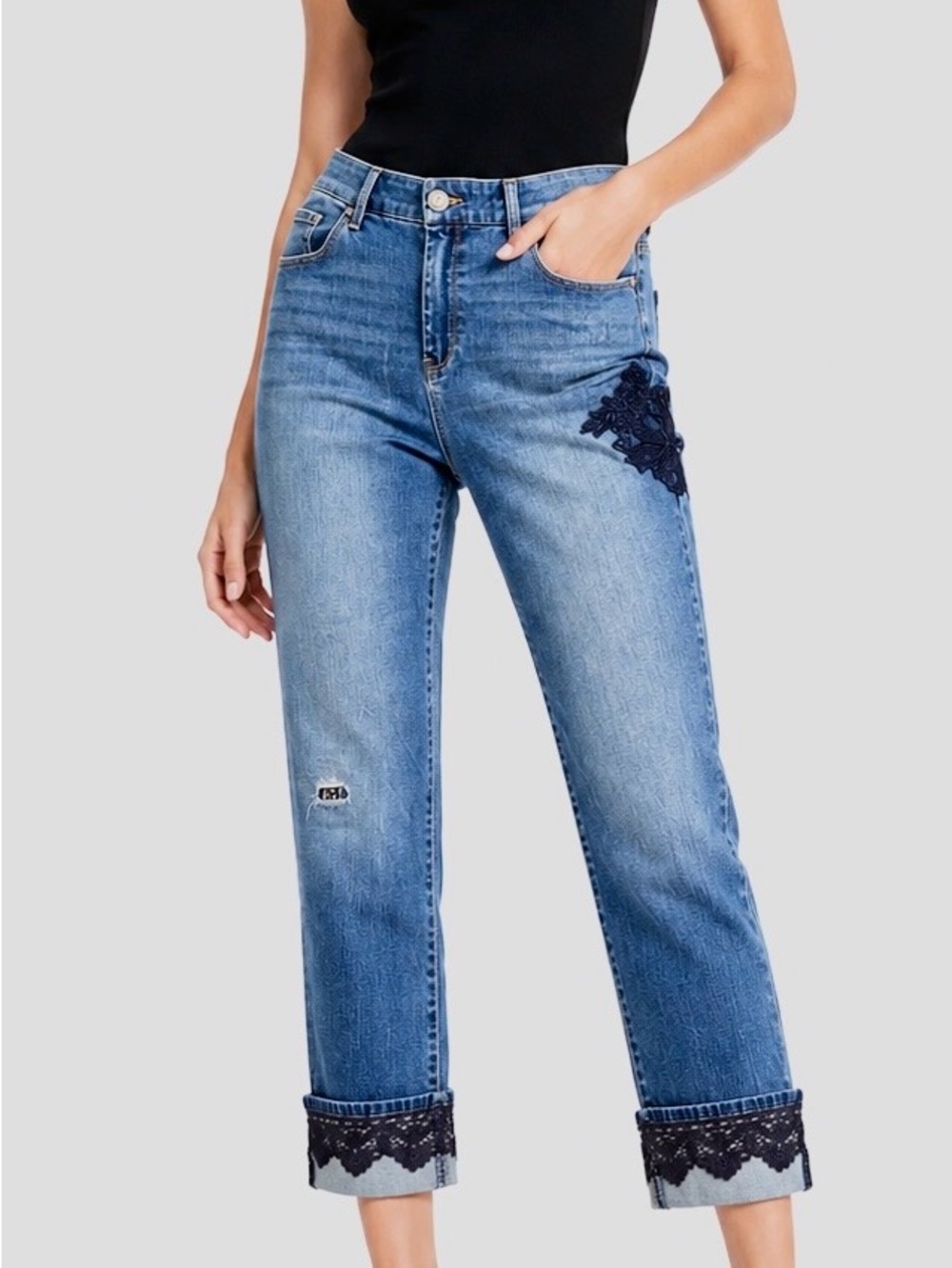 CHICO’S Platinum Ankle Straight Leg Cropped Jeans w Black Lace Hem — #117 LHP